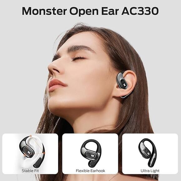 Monster Open Ear Headphone AC330 Wireless Earbuds Bluetooth 5.4 Clear Talk Black - Picture 1 of 7